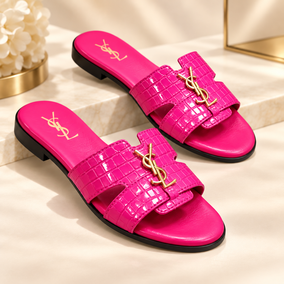 Saint Laurent Croc Embossed Slide Sandals