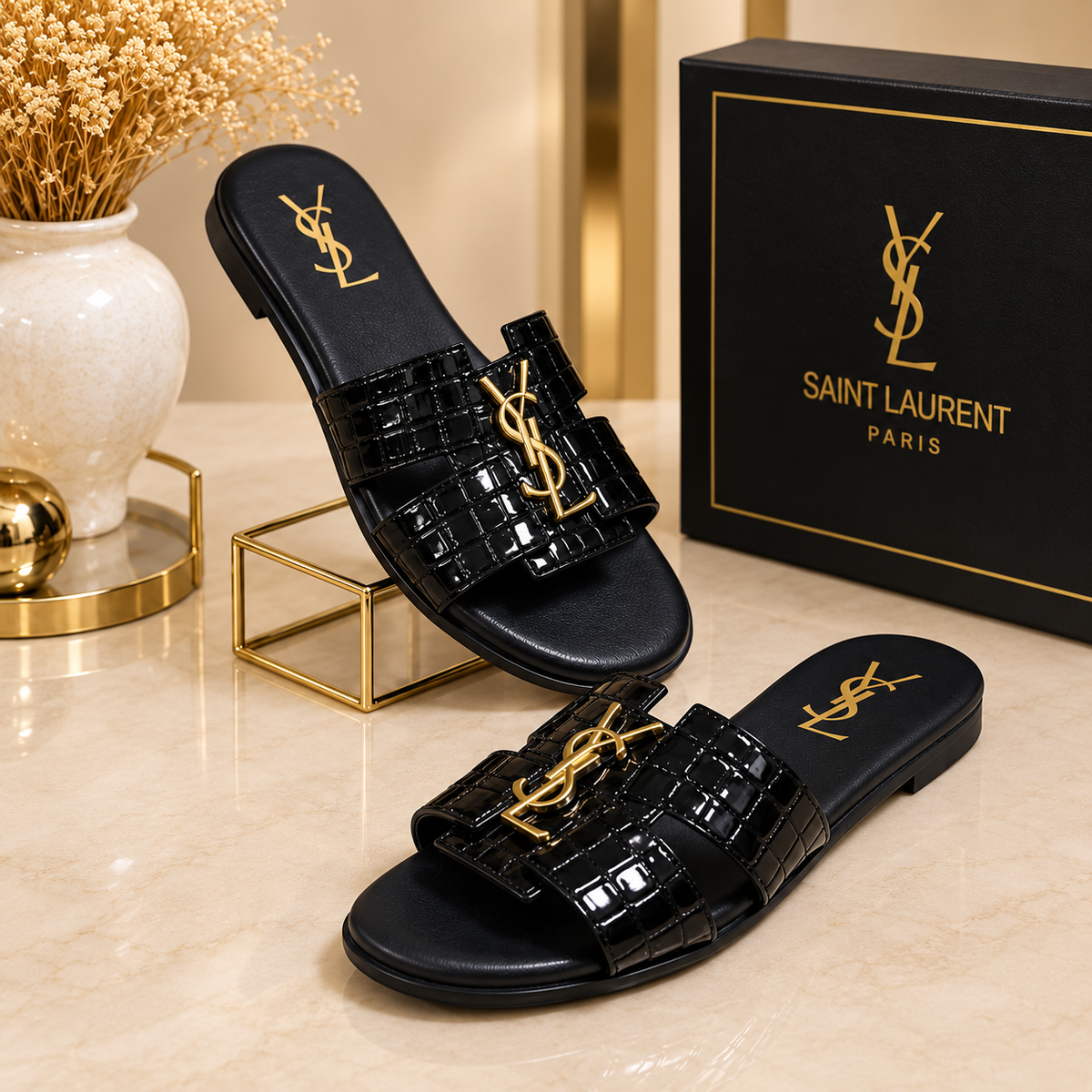 Saint Laurent Croc Embossed Slide Sandals