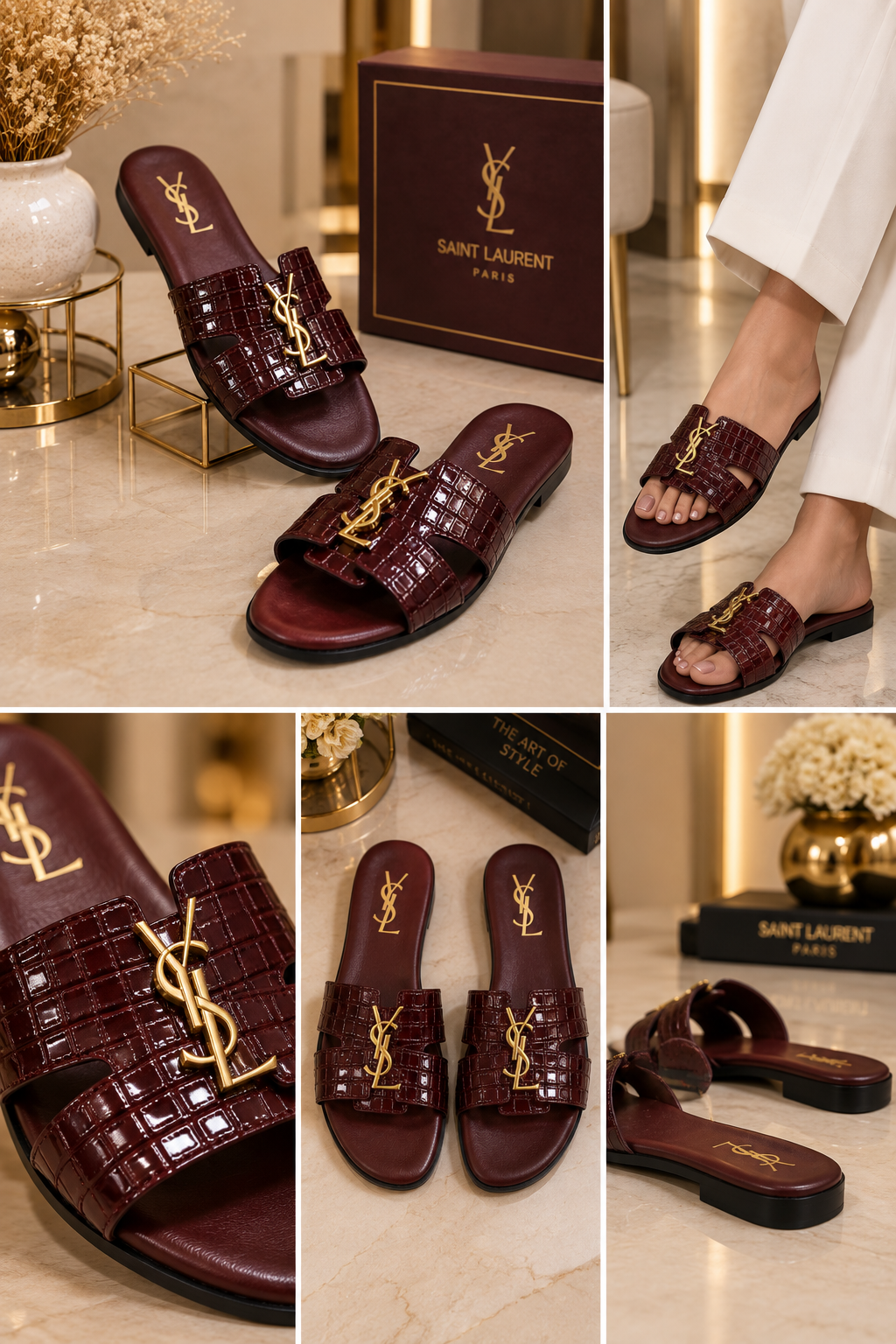 Saint Laurent Croc Embossed Slide Sandals