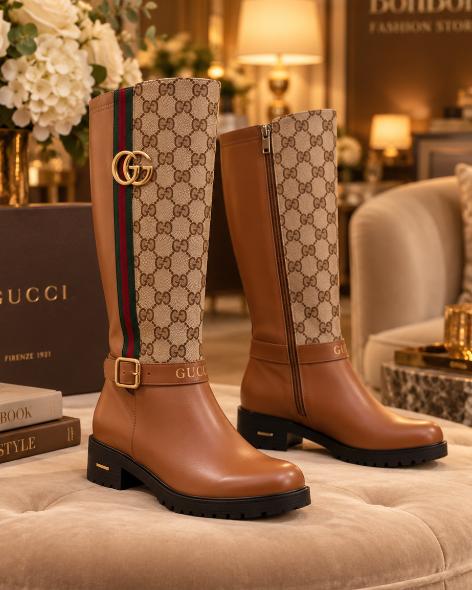 A pair of Gucci knee-high boots with tan leather and beige GG monogram pattern, displayed on a tufted sofa in a luxurious room setting with a Gucci box and flowers.