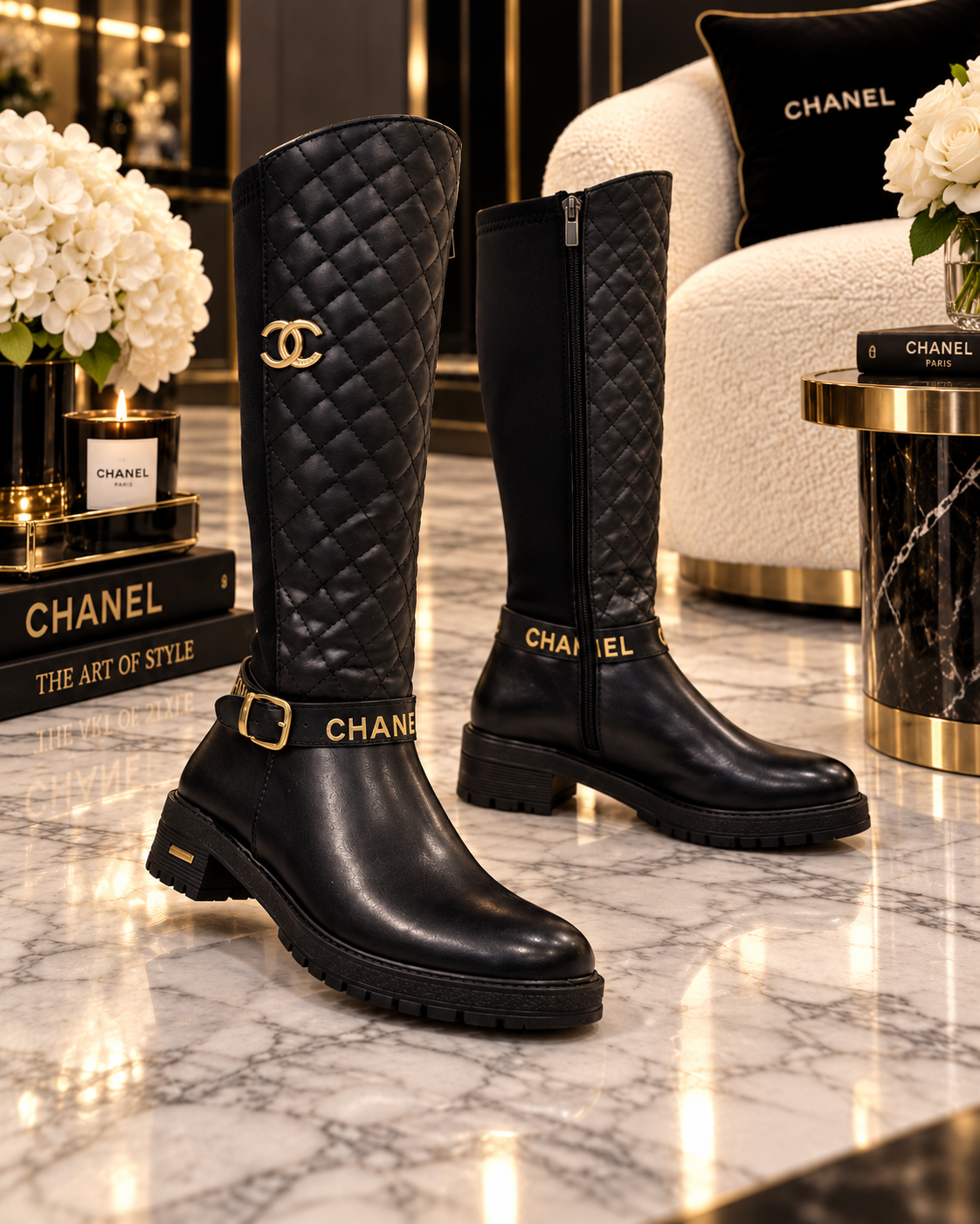 A pair of black Chanel knee-high boots displayed on a polished marble surface in a luxury interior setting. One boot is quilted with a gold-tone CC logo on the shaft, and the other shows the side profile with a zipper and a gold CHANEL-embossed strap around the lower shaft.