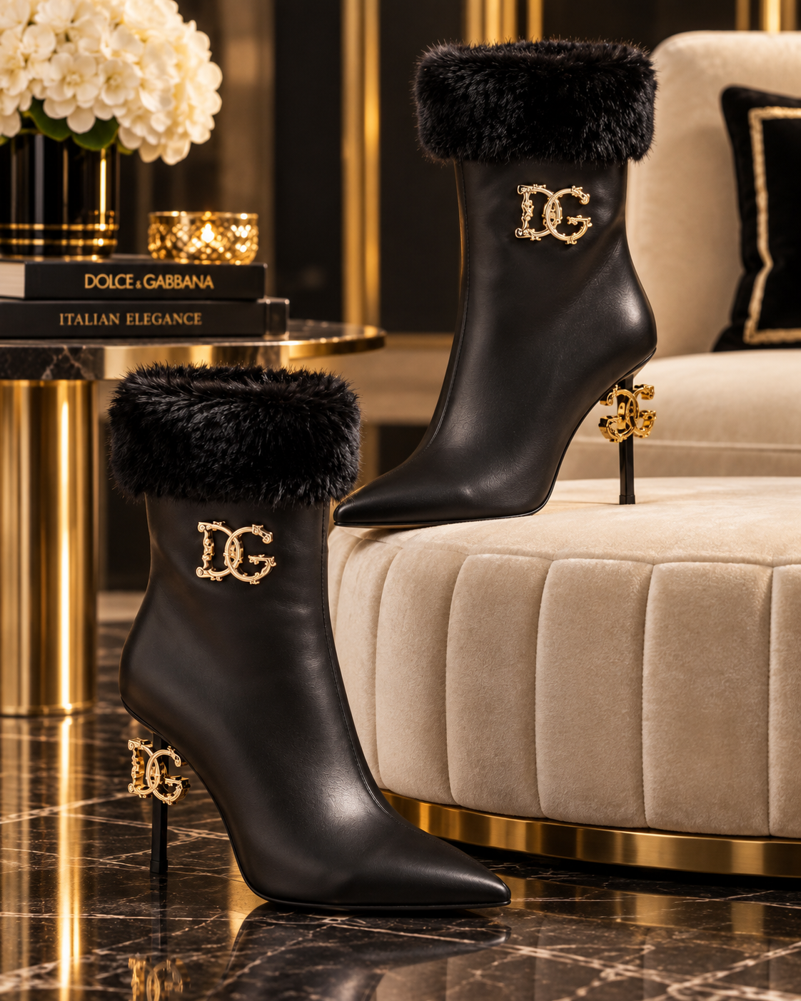 A pair of black leather ankle boots with fluffy black faux-fur trim at the top and a gold-tone rhinestone-embellished 'DC' logo on the side, displayed on a polished marble floor next to a beige tufted ottoman in an elegant interior setting.