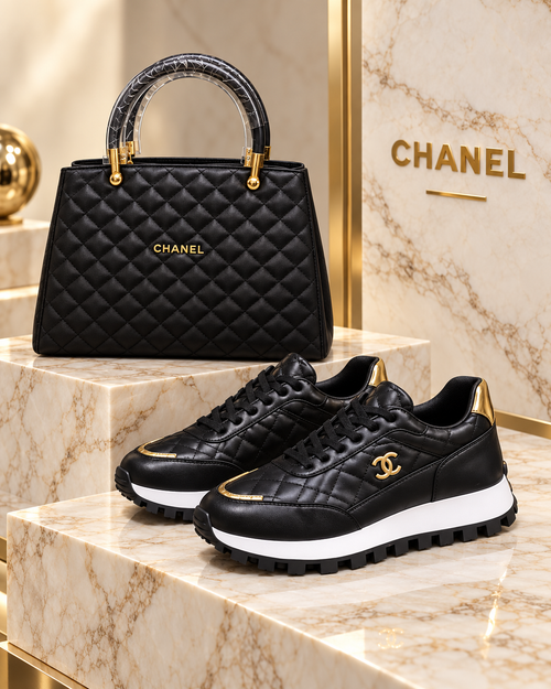 A luxury Chanel handbag and matching black quilted sneakers displayed on a marble pedestal in a high-end boutique setting. The products feature black leather, gold-tone hardware, and white midsoles.