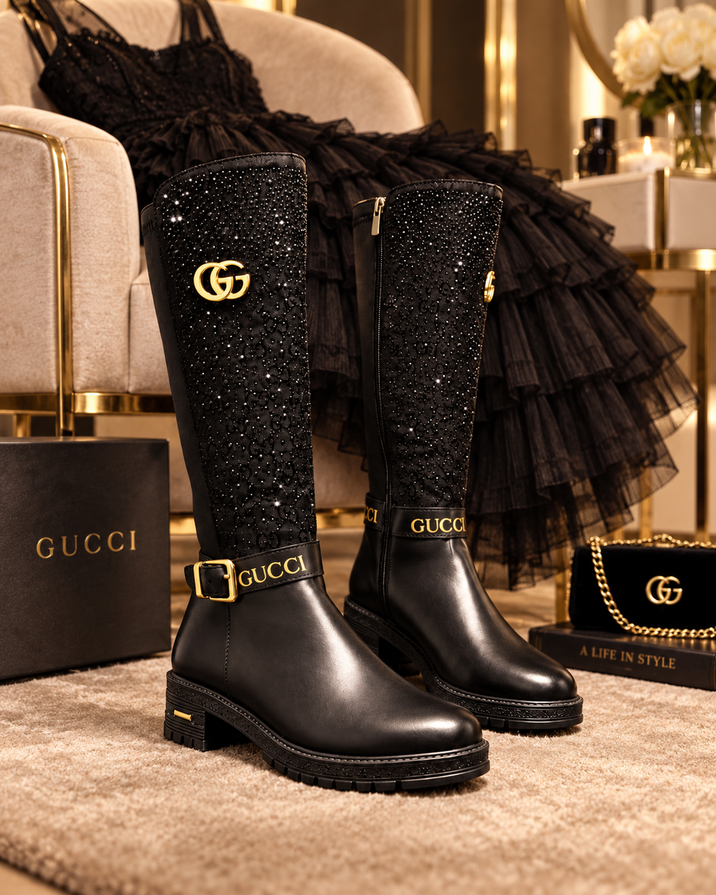 Black Crystal Knee-High Boots