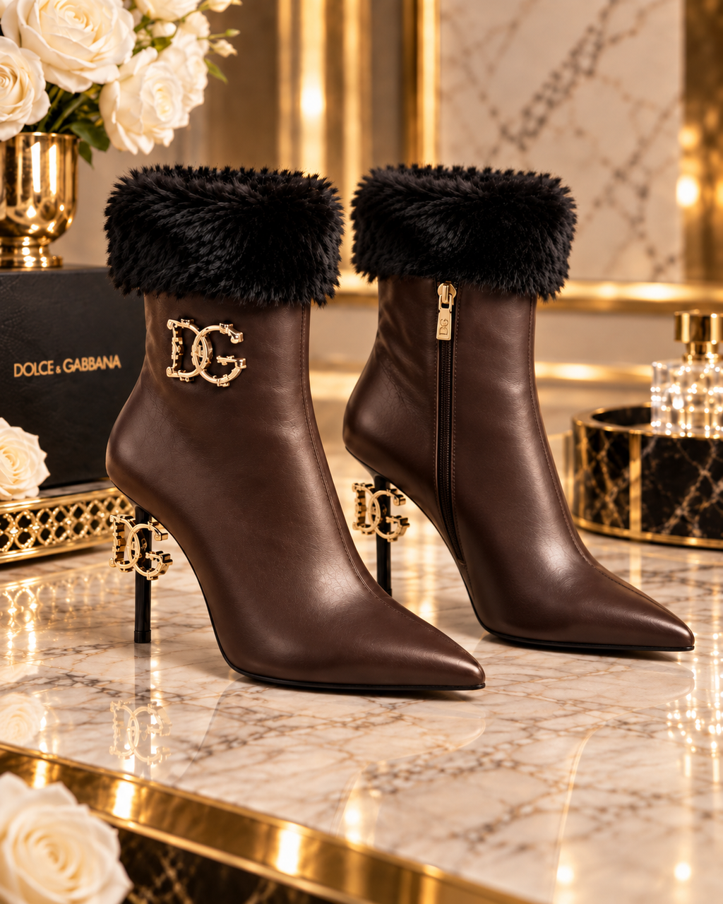 Brown Fur Cuff Stiletto Ankle Boots