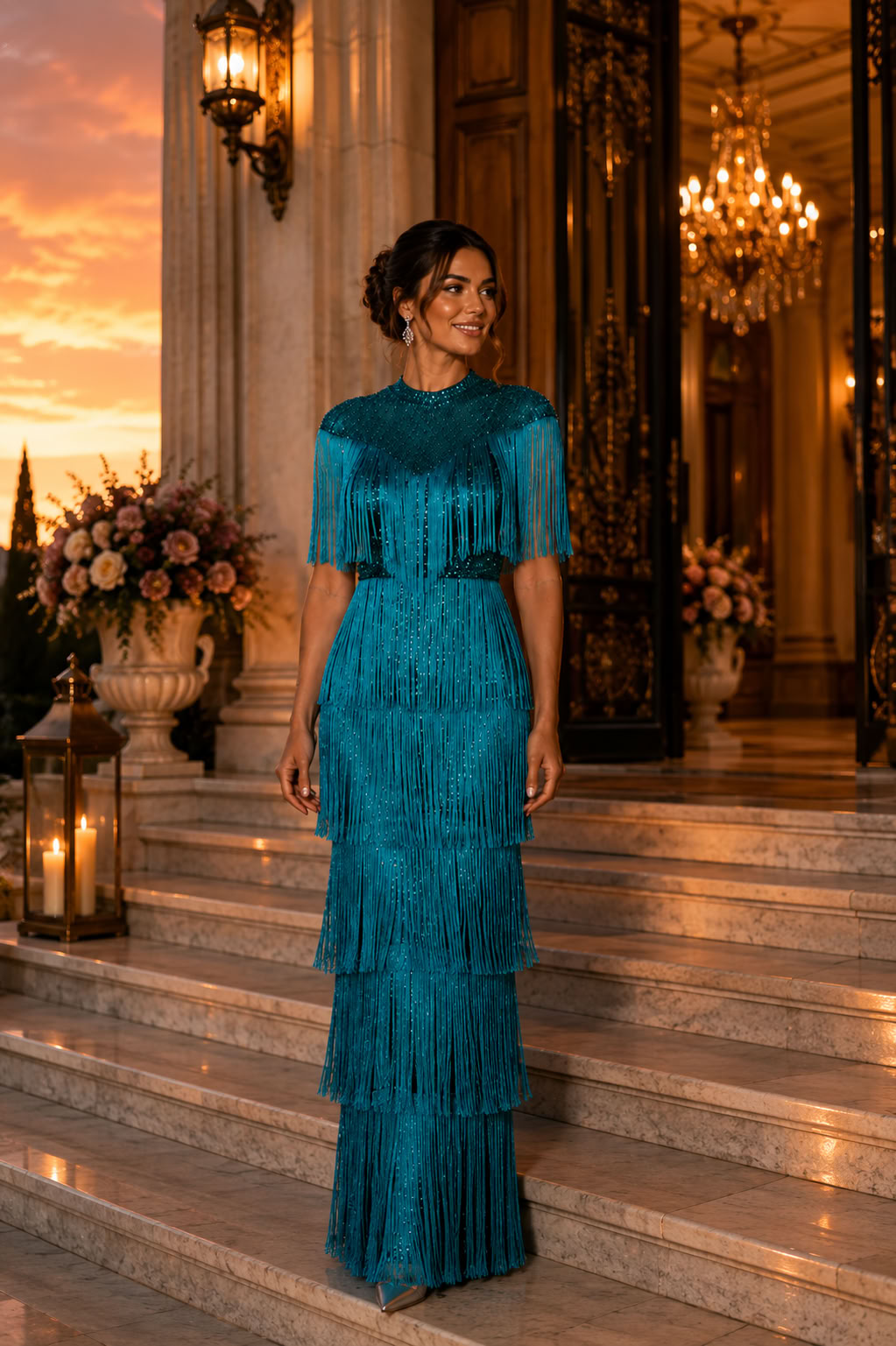 Teal Fringe Sequin Elegant Party Dress
