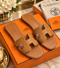 Leather H Cutout Flat Slide Sandals