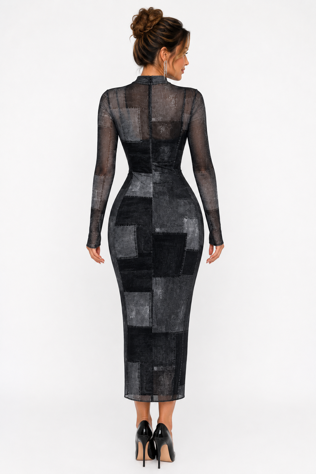 Black Sheer Patchwork Long Sleeve Dress