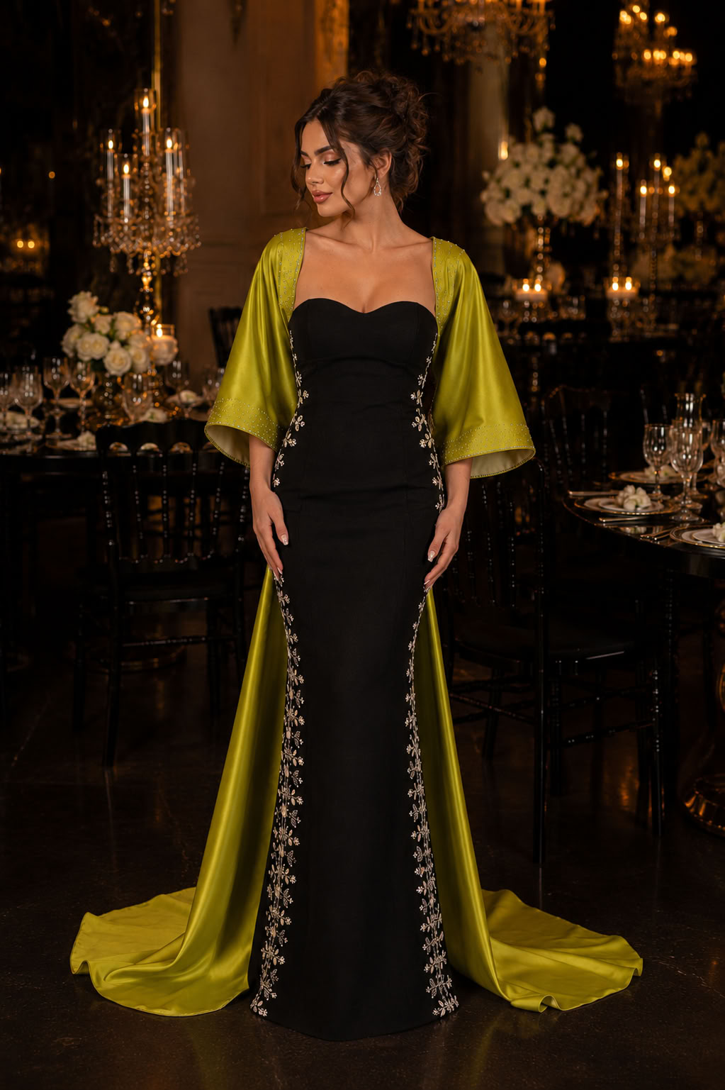Black Lime Embroidered Cape Evening Dress