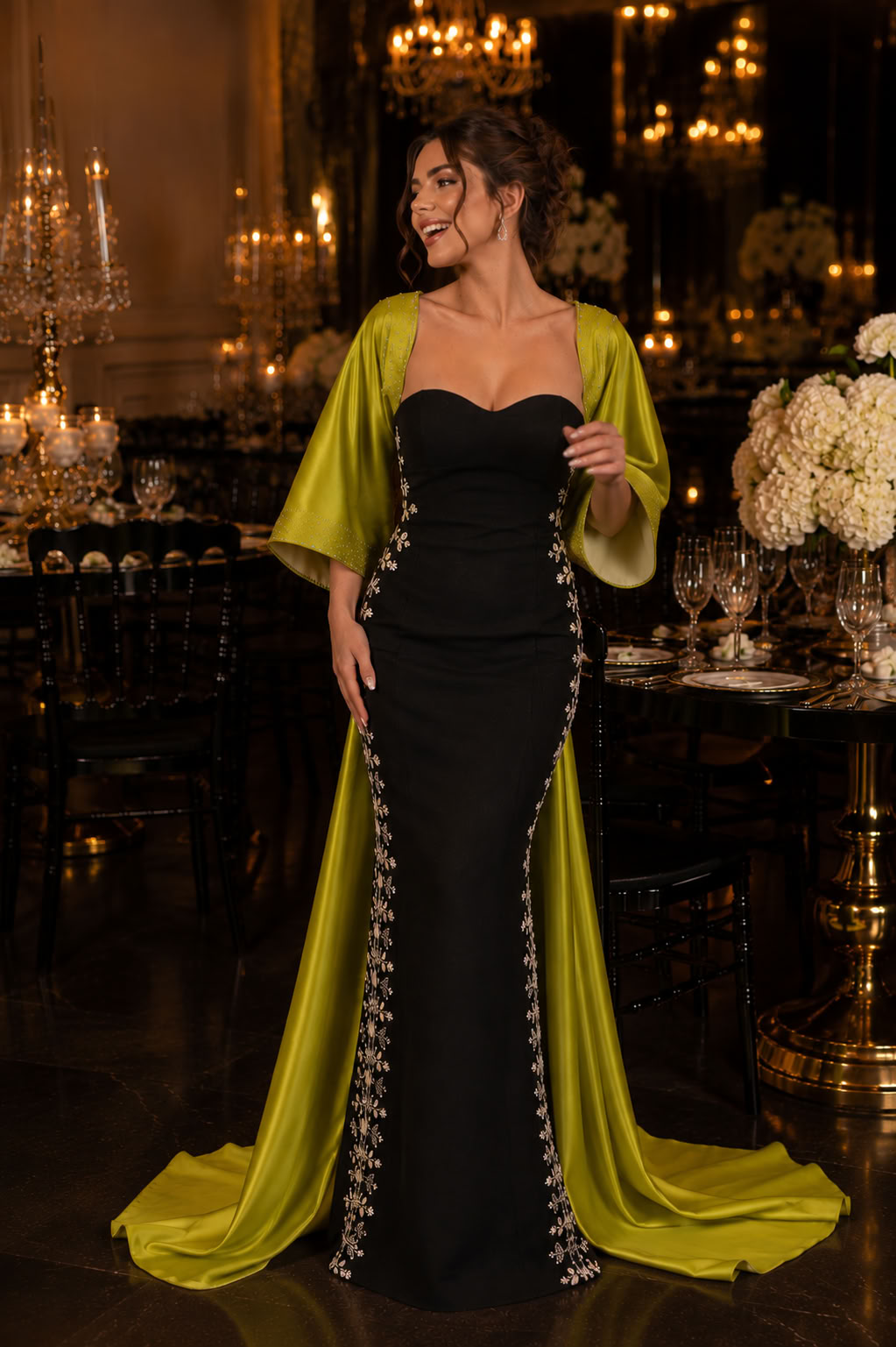 Black Lime Embroidered Cape Evening Dress