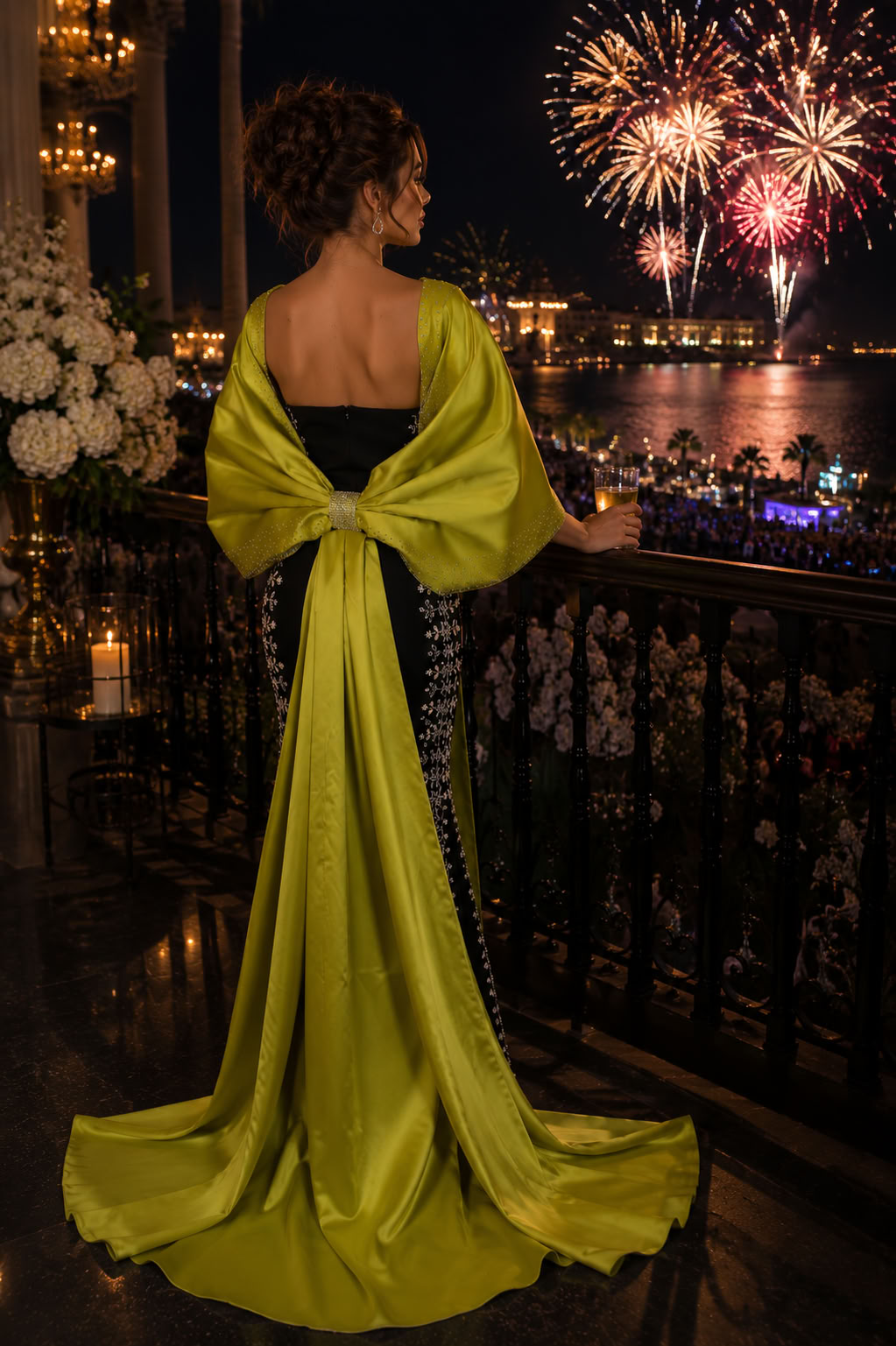 Black Lime Embroidered Cape Evening Dress
