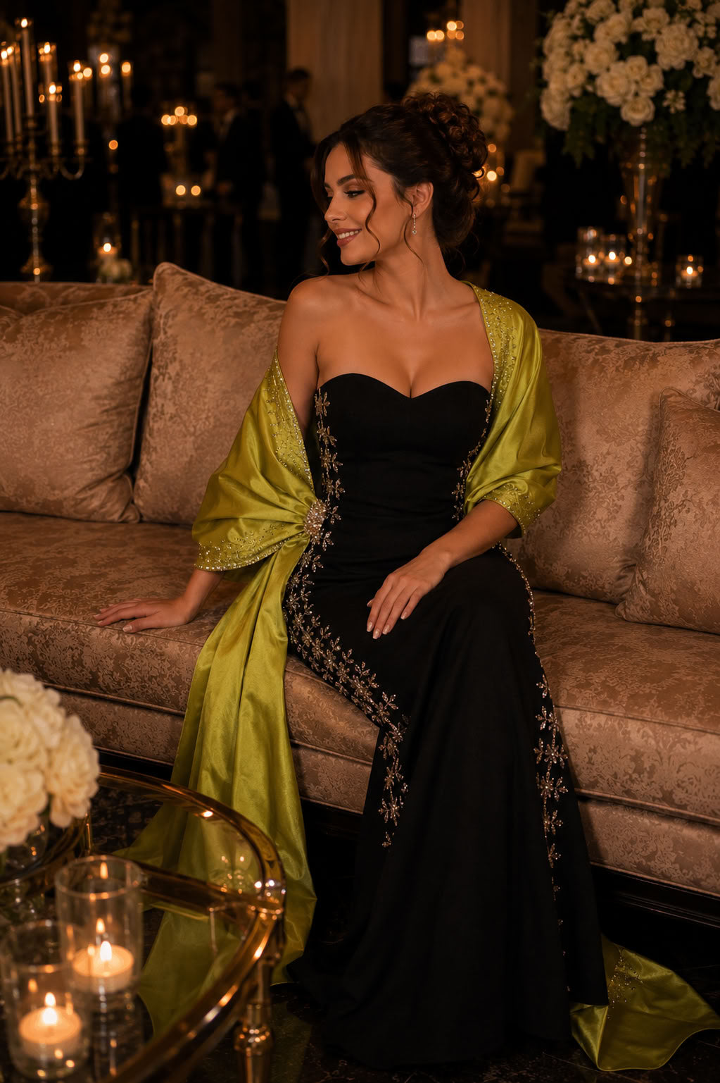 Black Lime Embroidered Cape Evening Dress