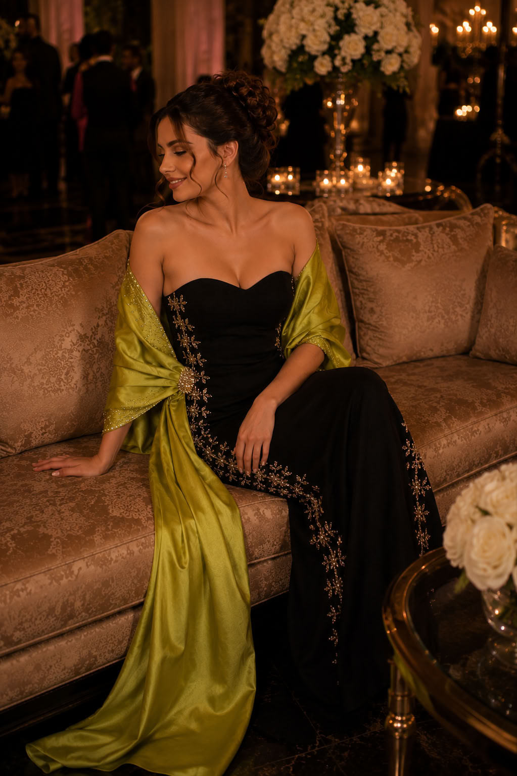 Black Lime Embroidered Cape Evening Dress