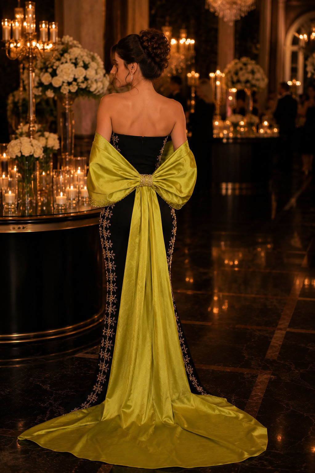 Black Lime Embroidered Cape Evening Dress