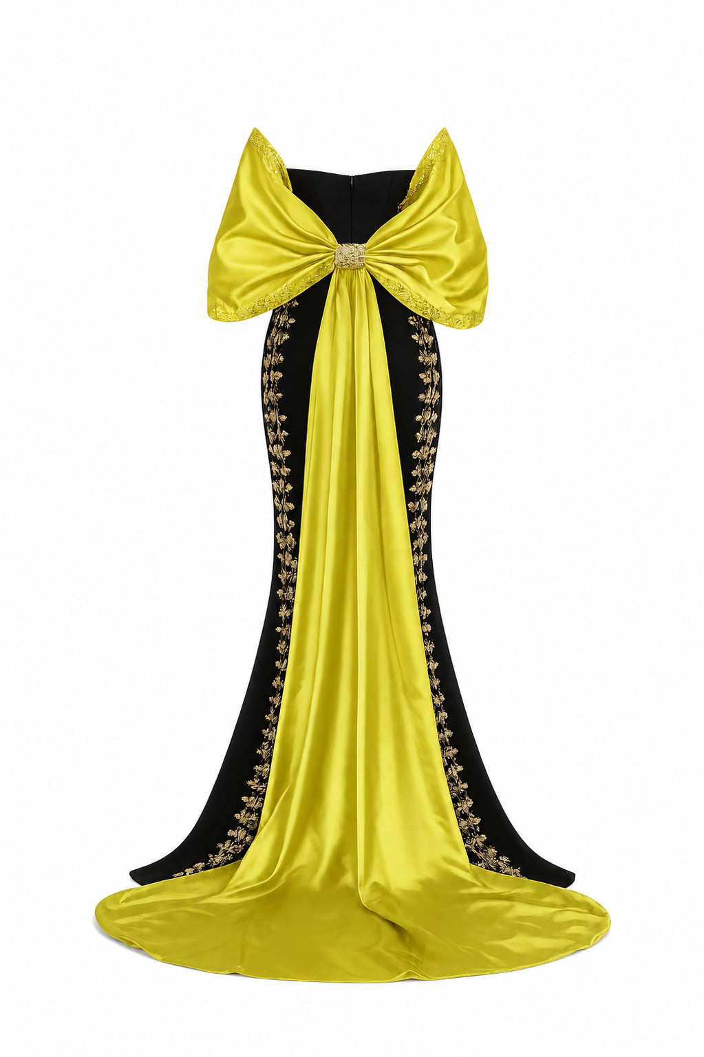 Black Lime Embroidered Cape Evening Dress