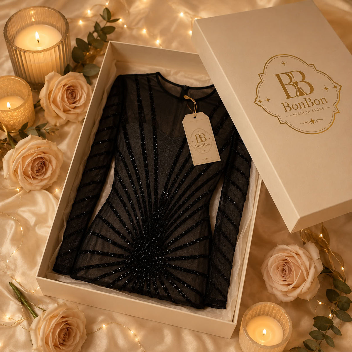 Black Sheer Rhinestone Long Sleeve Dress
