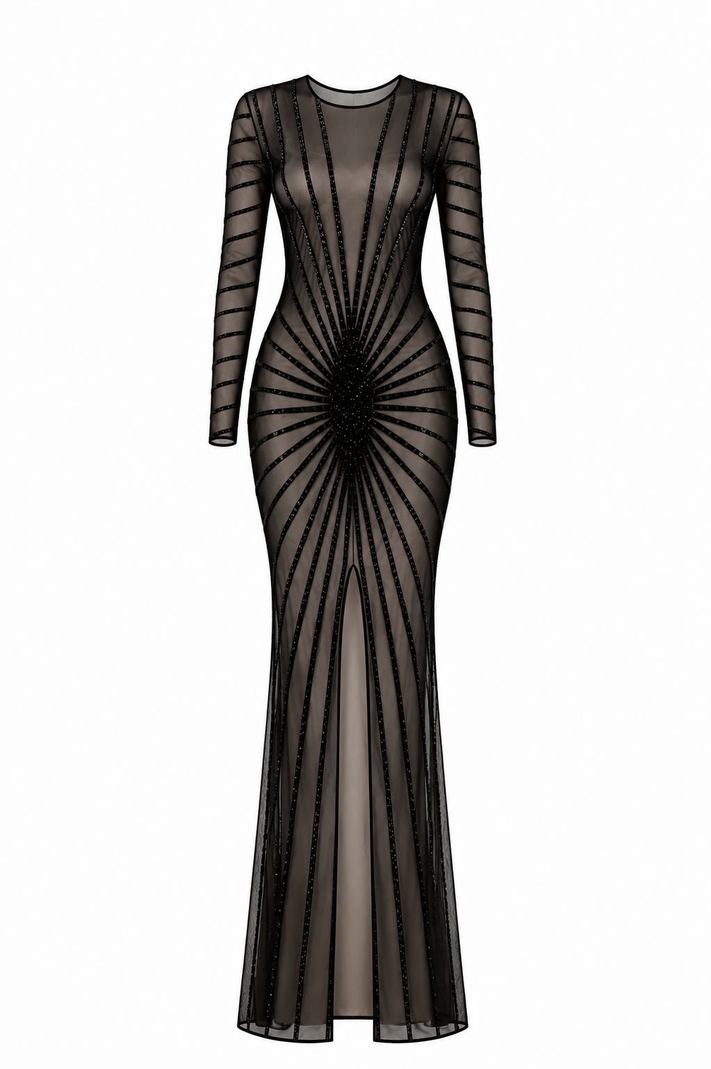 Black Sheer Rhinestone Long Sleeve Dress