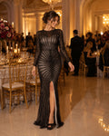 Black Sheer Rhinestone Long Sleeve Dress