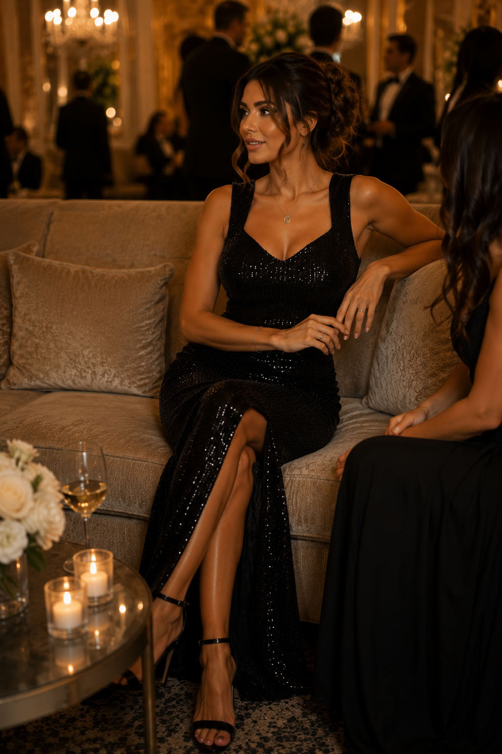 A woman seated on a beige sofa in a dimly lit event venue, wearing a sleeveless black sequined evening gown with a thigh-high slit and black heels.
