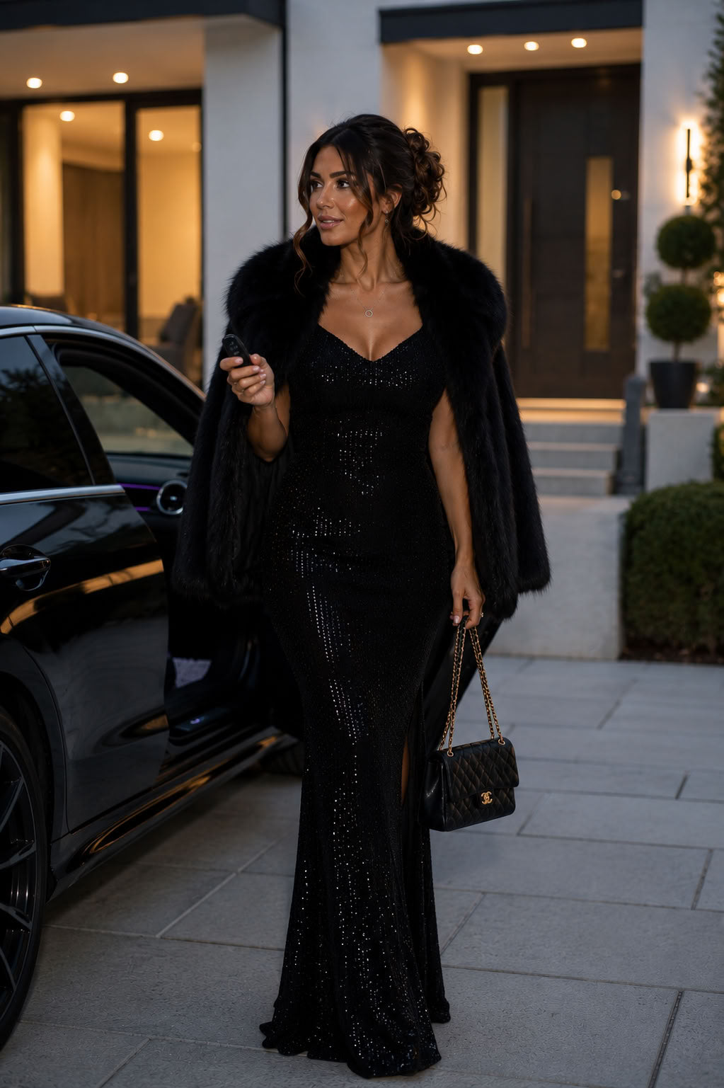 A woman in a sparkling black sequined evening gown and black fur coat stands outside a modern building next to a black car, holding a black quilted handbag.