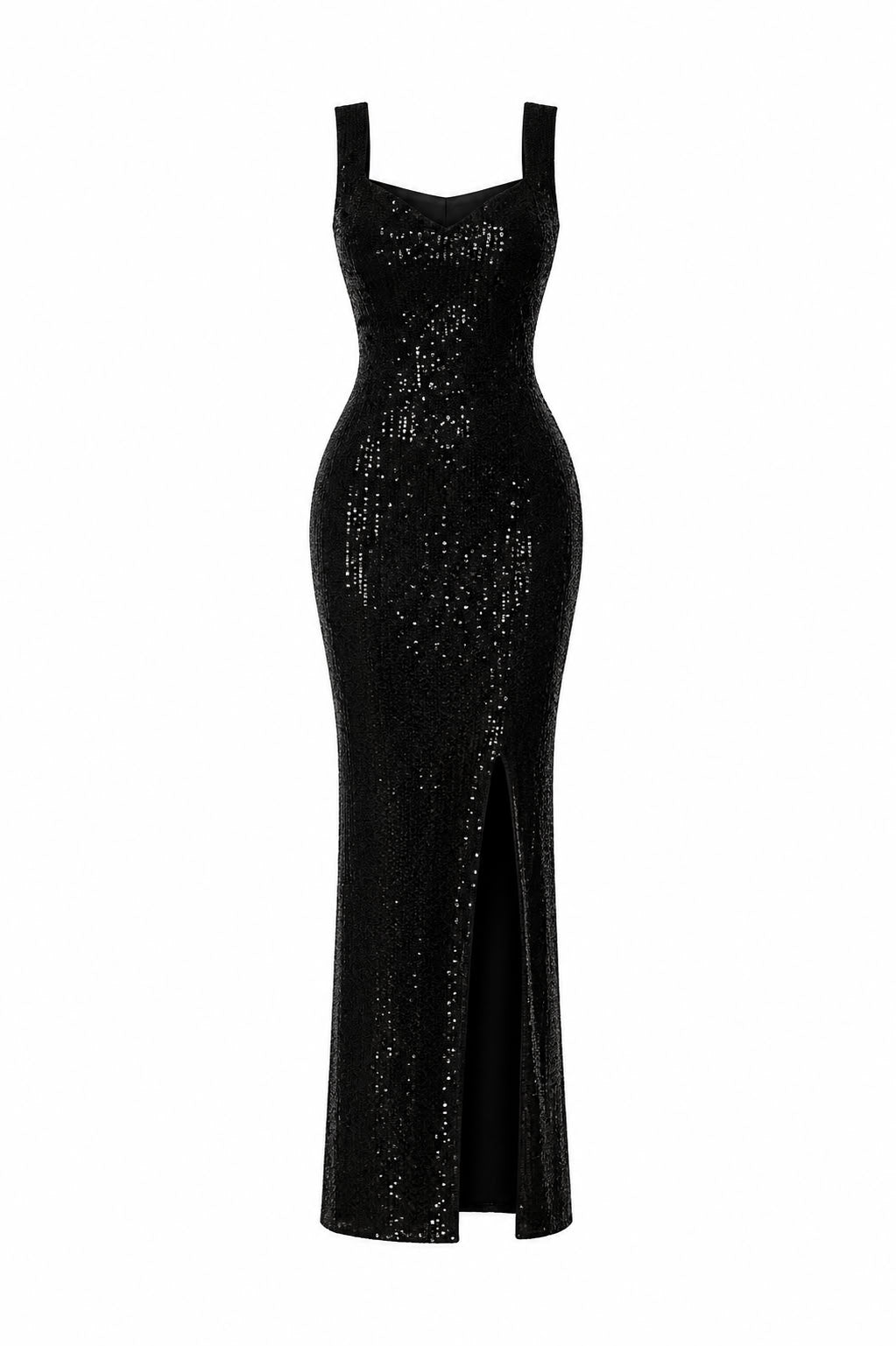 A black sequined sleeveless maxi dress with a fitted silhouette, wide shoulder straps, and a front slit, shown on a plain white background.