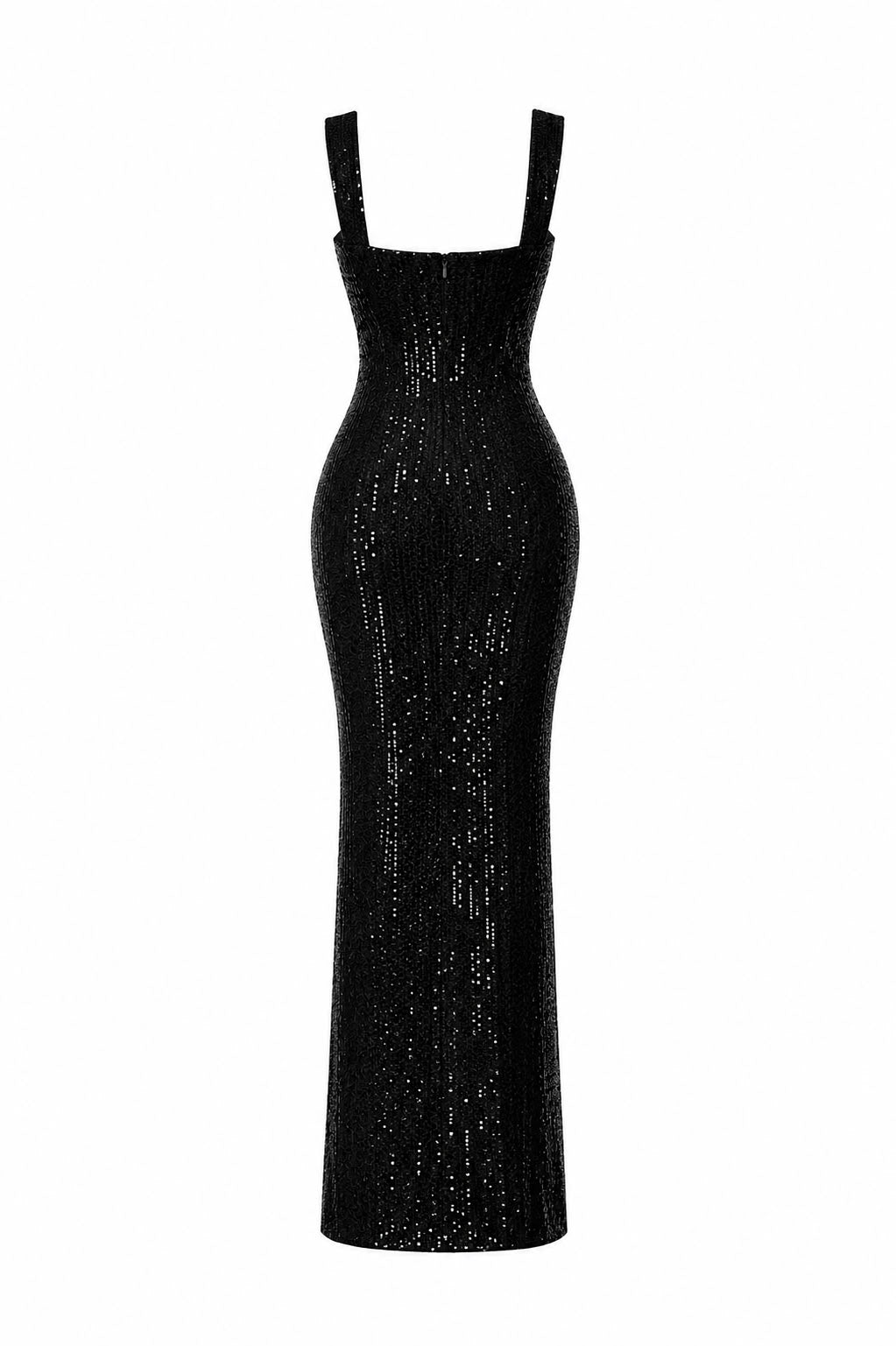 A black sequined bodycon maxi dress with a square neckline and wide shoulder straps, shown against a plain white background.