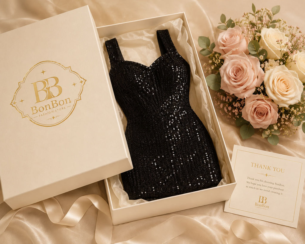 A black sequined sleeveless dress presented in an open white gift box beside a branded closed box, with a bouquet of blush pink and cream roses and a thank-you card on a champagne satin background.