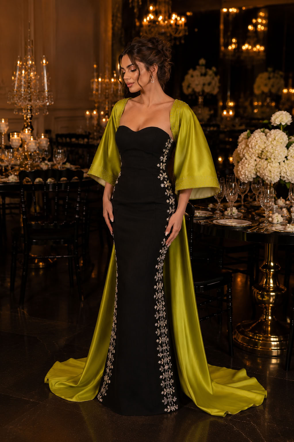 Black Green Embroidered Luxury Party Dress