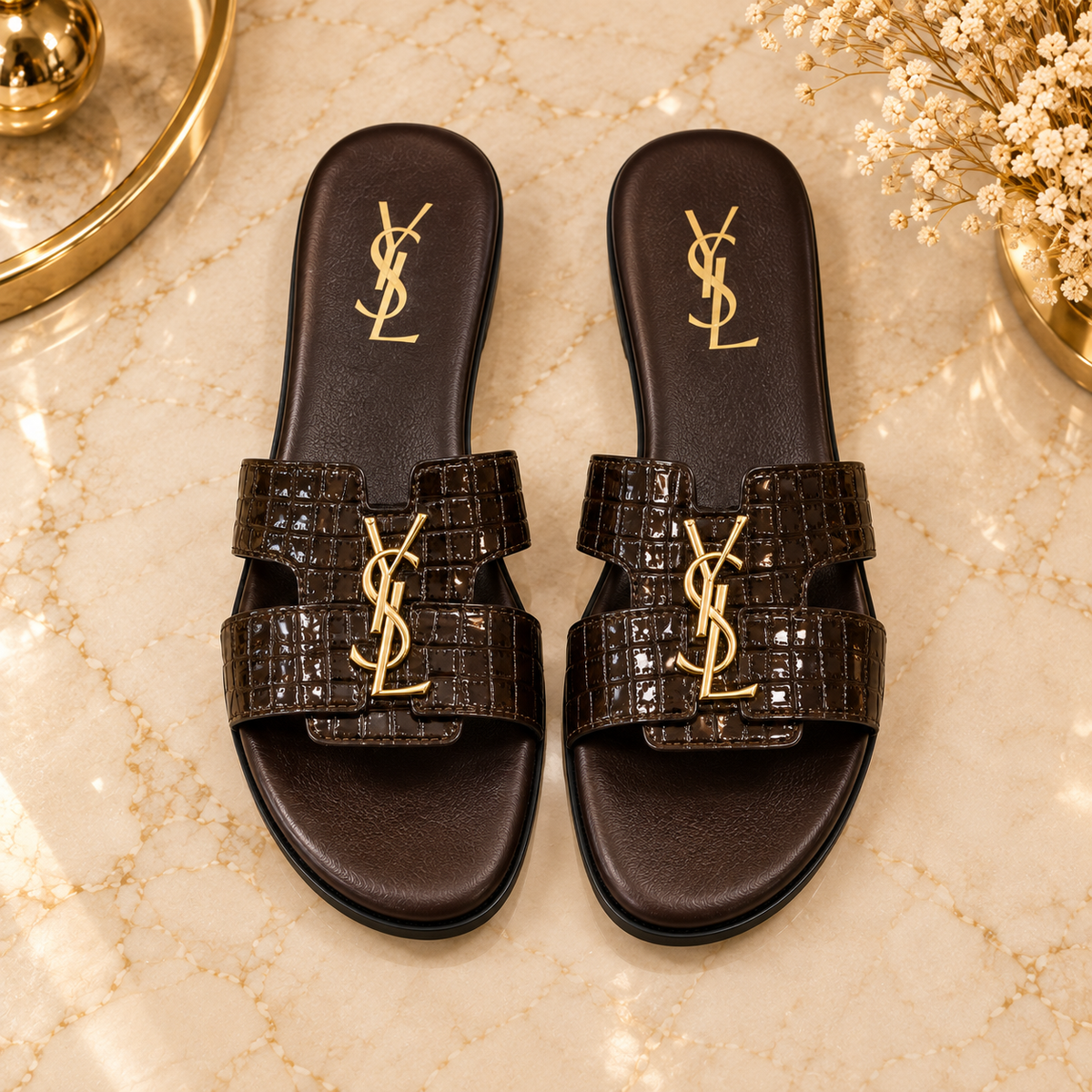 Saint Laurent Croc Embossed Slide Sandals