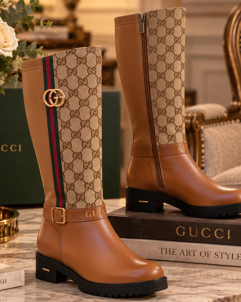 A pair of Gucci knee-high boots displayed on a marble table in an elegant room setting. One boot is shown upright on books, displaying the tan and brown GG monogram pattern, green and red stripe, and gold interlocking G logo.