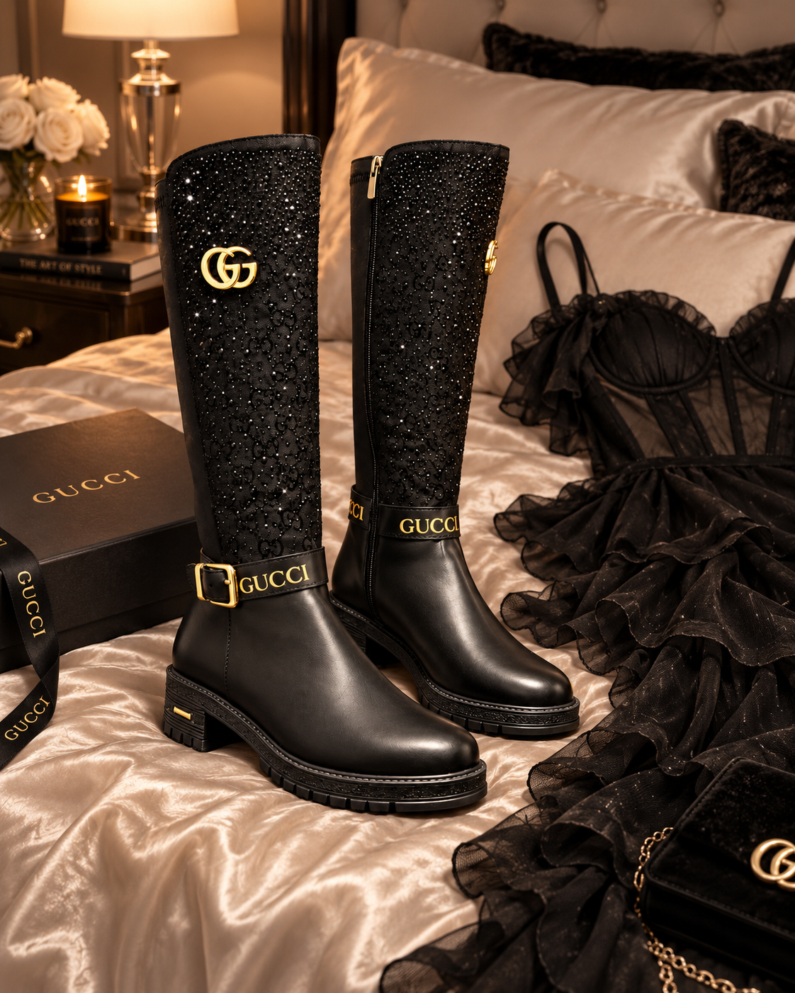 Black Crystal Knee-High Boots