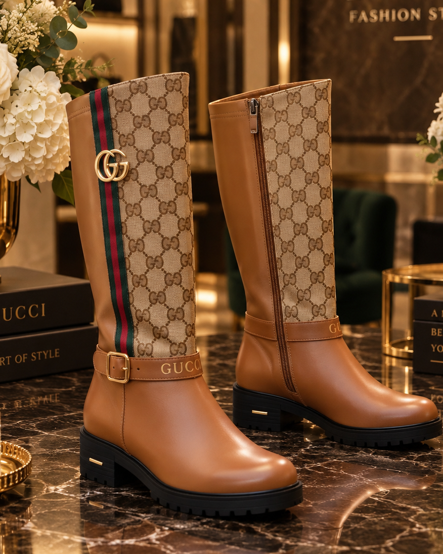 A pair of Gucci-inspired tall boots with tan leather lower sections and beige monogram-patterned upper shafts, accented by a green and red stripe and a gold interlocking G charm. The boots are displayed on a polished dark marble surface in an elegant boutique setting with Gucci books, floral arrangements, and a 'BonBon Fashion Store' sign in the background.