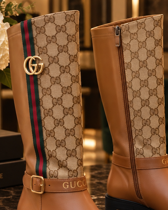 A pair of Gucci-inspired tall boots with tan leather lower sections and beige monogram-patterned upper shafts, accented by a green and red stripe and a gold interlocking G charm. The boots are displayed on a polished dark marble surface in an elegant boutique setting with Gucci books, floral arrangements, and a 'BonBon Fashion Store' sign in the background.