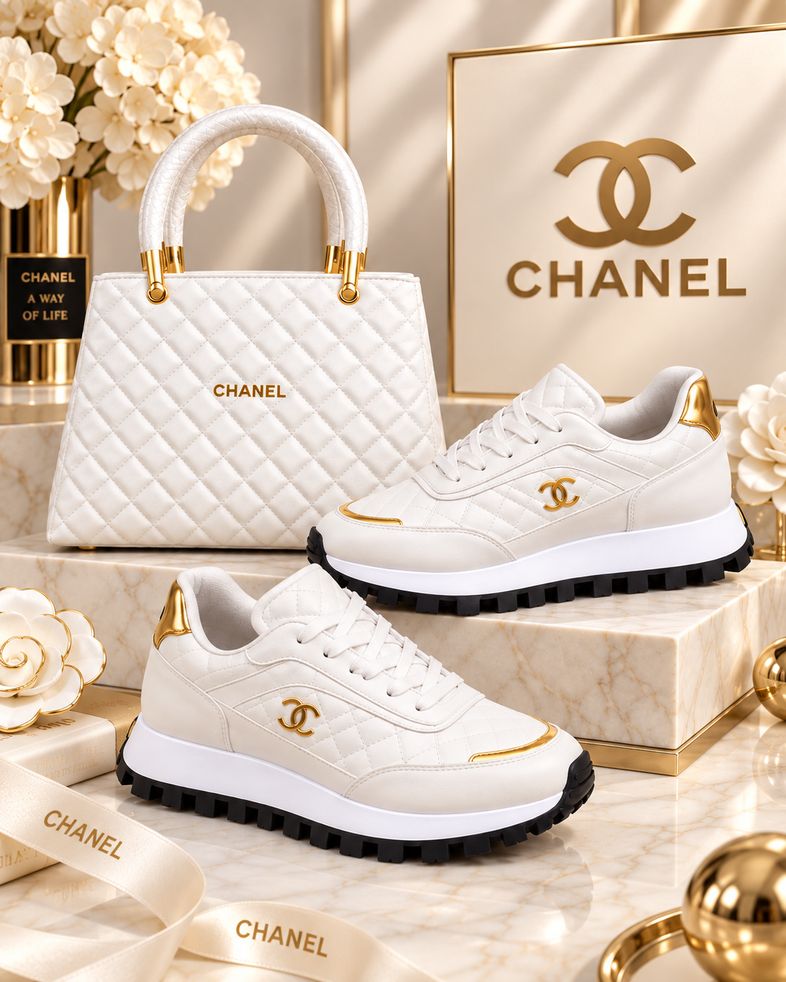 Chanel white quilted handbag and white low-top sneakers with gold accents, arranged on a marble-like surface with Chanel branding and decorative flowers.
