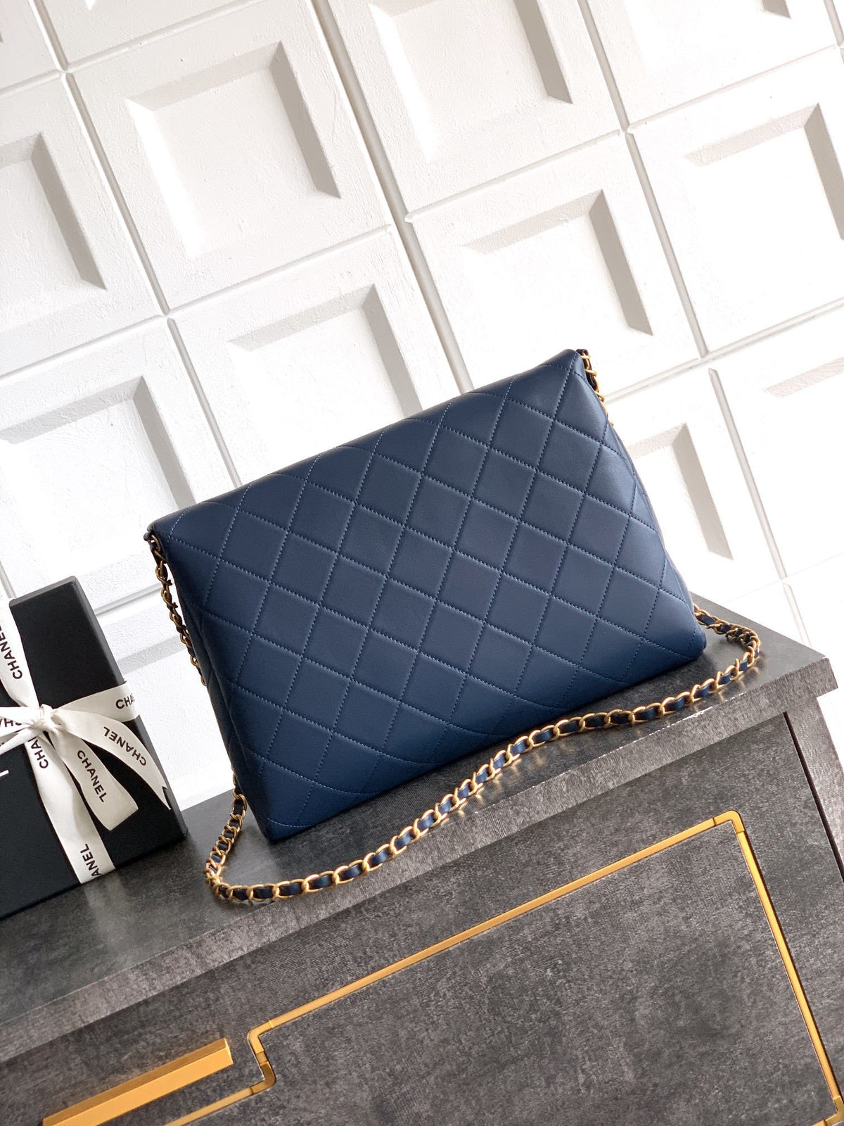 Blue Quilted Chain Extra Large Handbag
