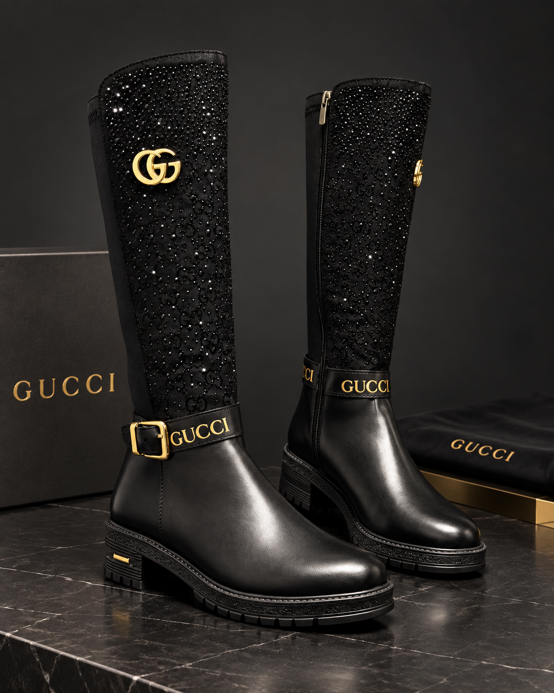 Black Crystal Knee-High Boots