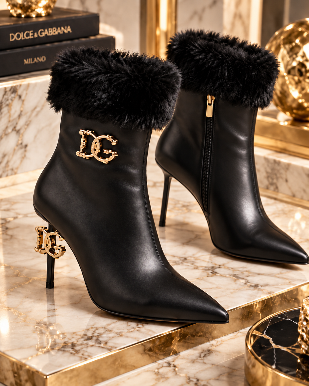 A pair of black leather ankle boots with fluffy black faux-fur trim at the top, gold-tone side zippers, and gold-tone interlocking 'DG' logo hardware on the outer side and heel. The boots are displayed on a polished white and gold marble surface with luxury decor in the background.