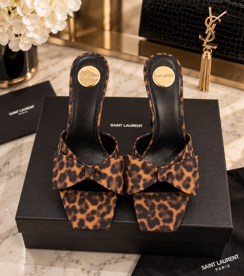 Leopard Bow High Heel Slide Sandals