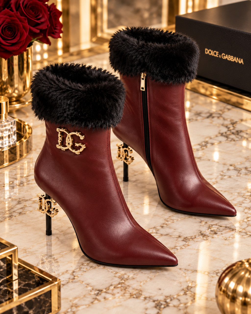 Burgundy Fur Cuff Stiletto Ankle Boots