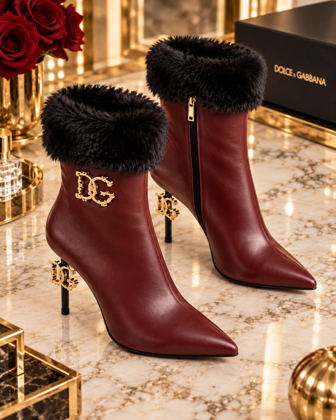 Burgundy Fur Cuff Stiletto Ankle Boots