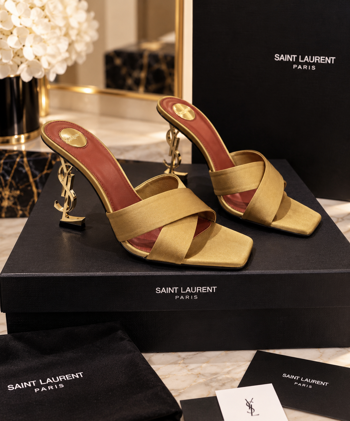 Saint Laurent Gold Monogram Heel Sandals