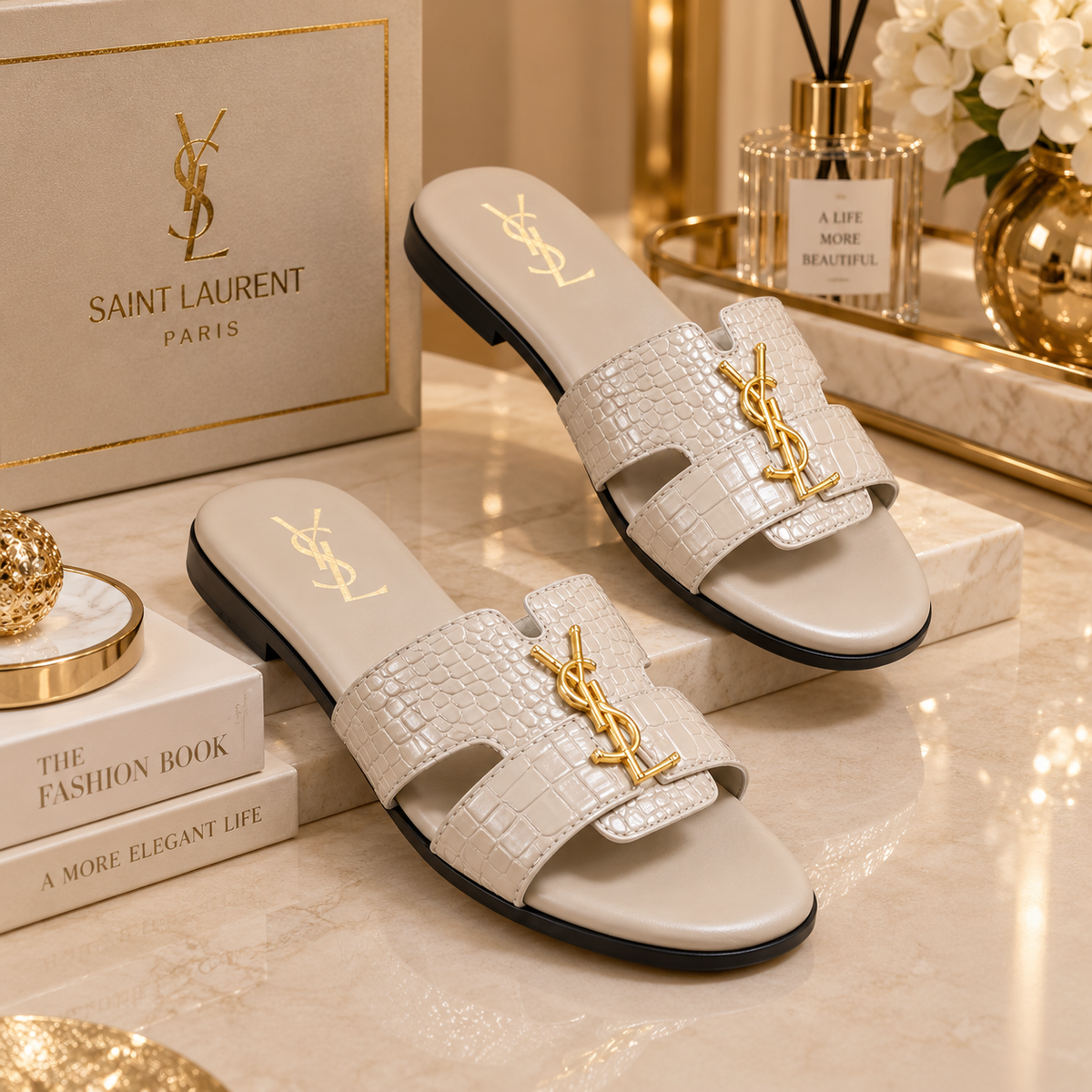 Saint Laurent Croc Embossed Slide Sandals