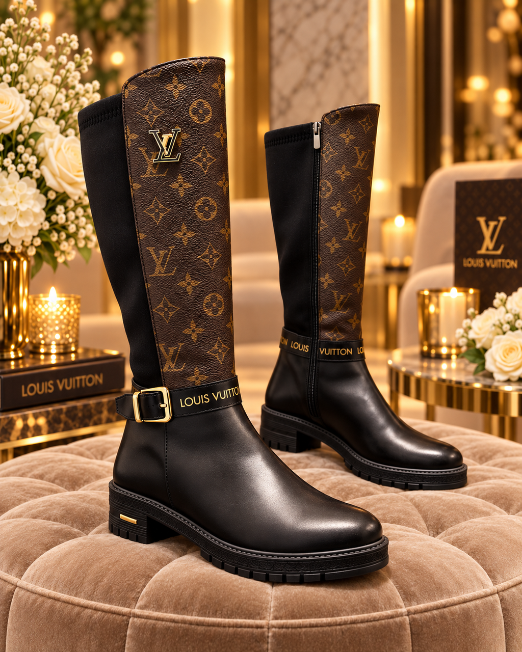 A pair of Louis Vuitton knee-high boots displayed on a tufted velvet ottoman in an elegant, warm-toned interior setting. The boots feature the brand's classic brown monogram canvas on the upper shaft, a black leather lower section, a black side zipper, and a gold buckle with a gold LV logo on the front strap.