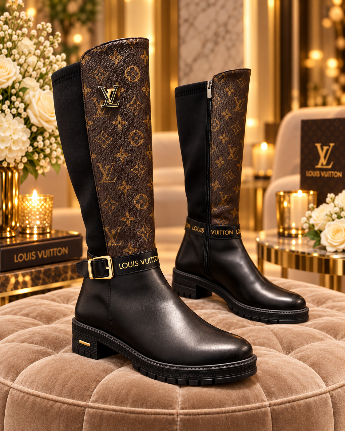 A pair of Louis Vuitton knee-high boots displayed on a tufted velvet ottoman in an elegant, warm-toned interior setting. The boots feature the brand's classic brown monogram canvas on the upper shaft, a black leather lower section, a black side zipper, and a gold buckle with a gold LV logo on the front strap.