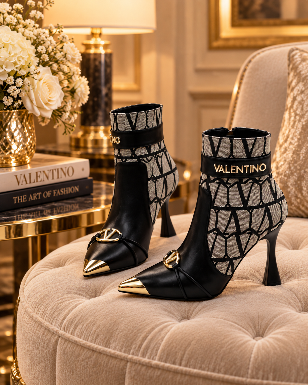 A pair of Valentino pointed-toe ankle boots with black and gray geometric patterned fabric and gold-tone hardware, displayed on a tufted beige ottoman in an elegant indoor setting.