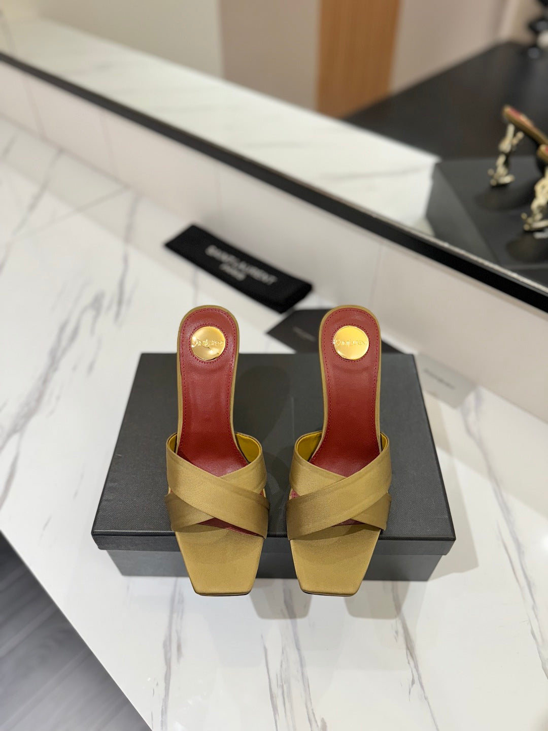 Saint Laurent Gold Monogram Heel Sandals
