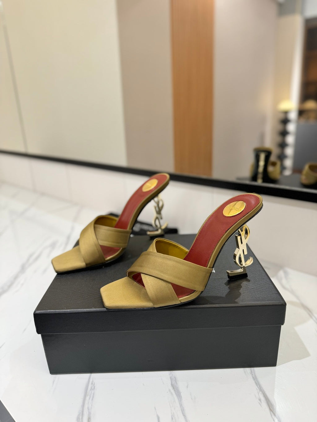Saint Laurent Gold Monogram Heel Sandals