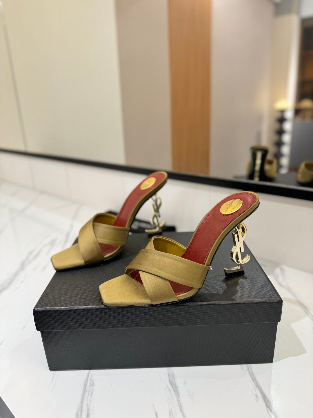 Saint Laurent Gold Monogram Heel Sandals