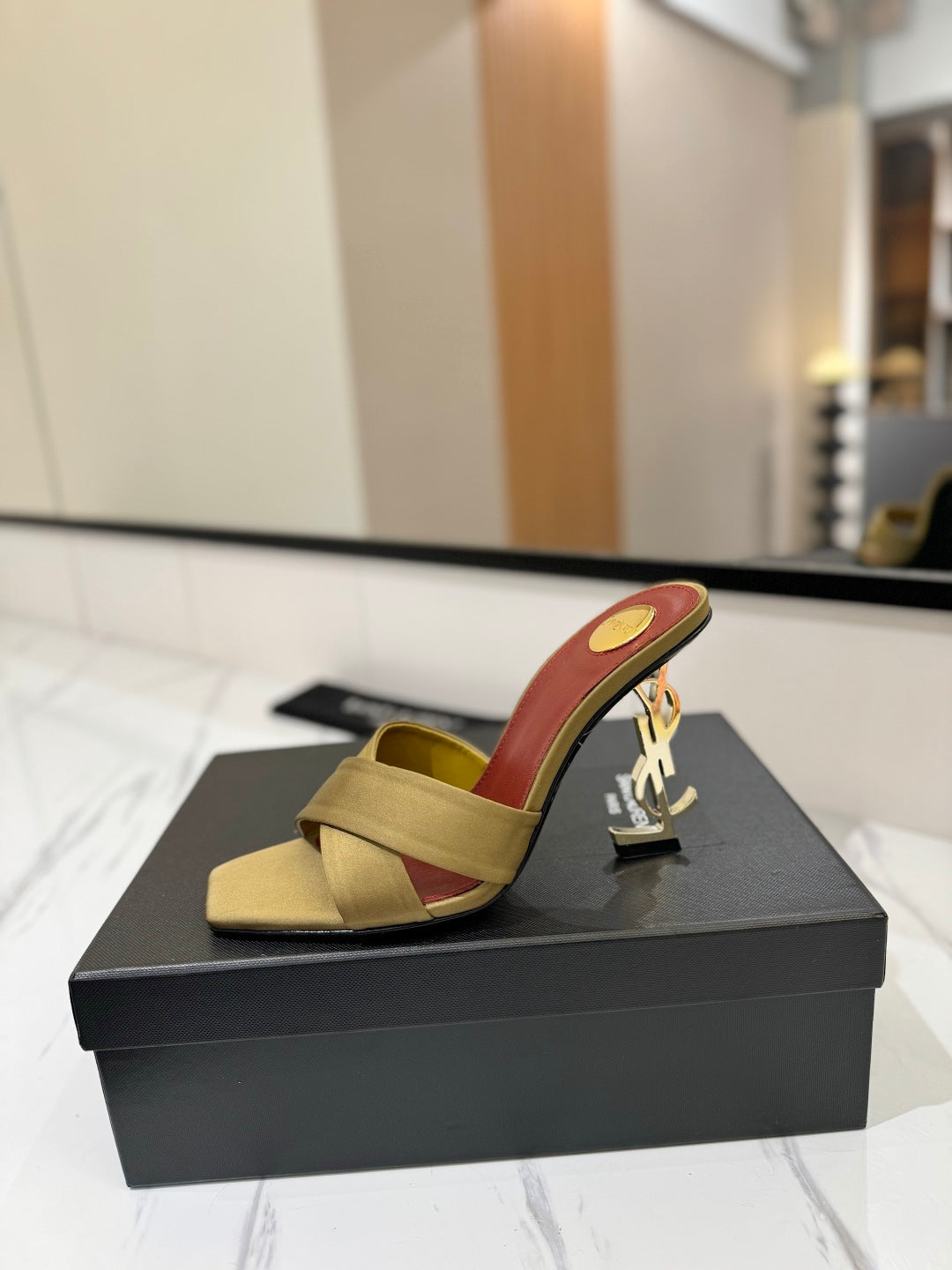 Saint Laurent Gold Monogram Heel Sandals