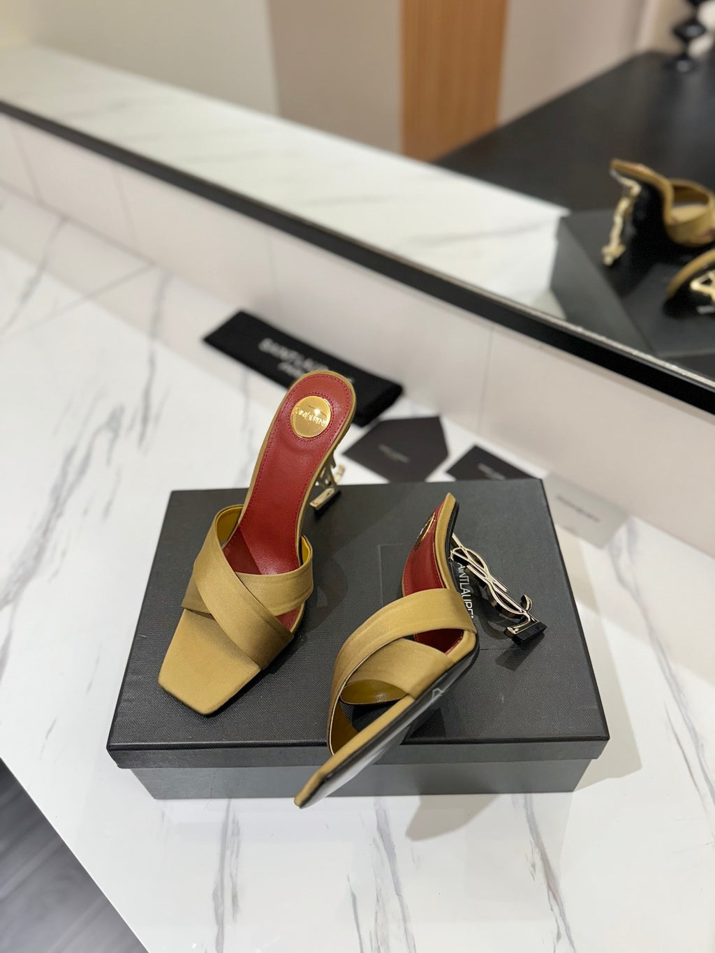 Saint Laurent Gold Monogram Heel Sandals